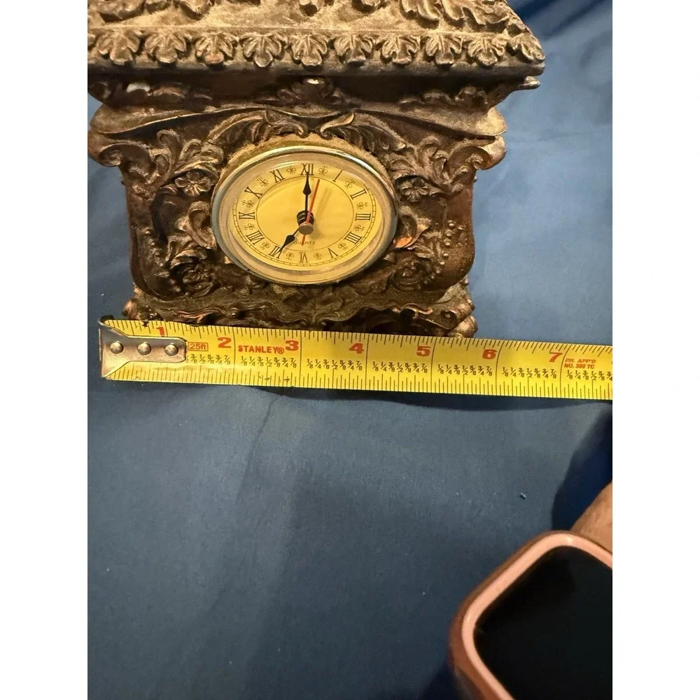 Vintage Ornate Faux Bronze Quartz Clock Trinket Jewelry Box Rococo Style Resin
